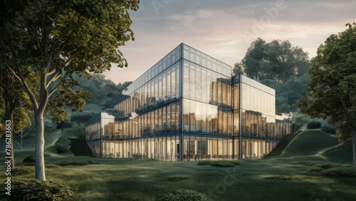 a sustainable glass office building nestled within a verdant landscape. Designed to reduce carbon dioxide emissions, this eco-friendly structure harmoniously integrates with nature