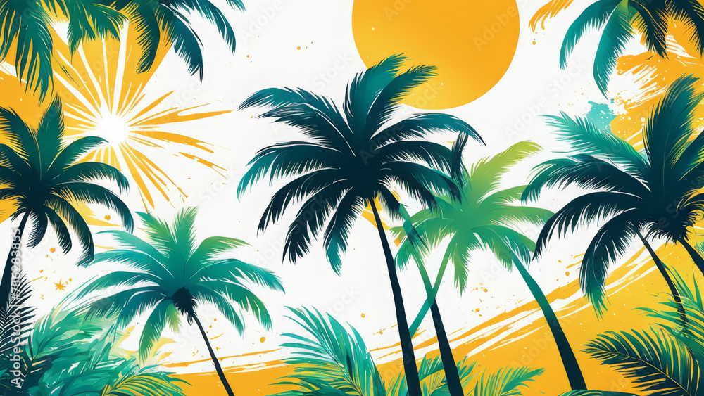 a tropical paradise, vibrant summertime background featuring swaying palm trees, a radiant summer sun, evoking the essence of the season.