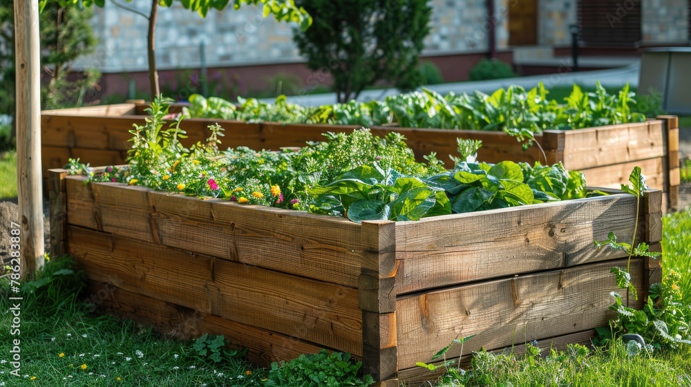 Arranging a home vegetable garden with a raised bed made of wood