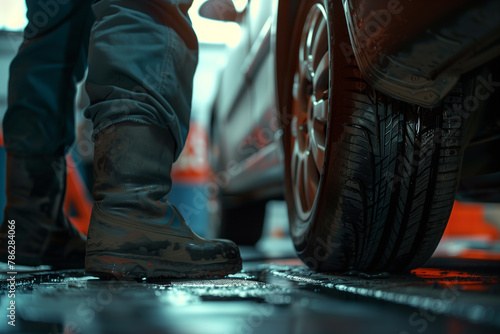 Low Angle View of Mechanic Changing Tire. Close-up of a mechanic changing a car tire in a workshop, depicting skilled manual labor and vehicle maintenance.