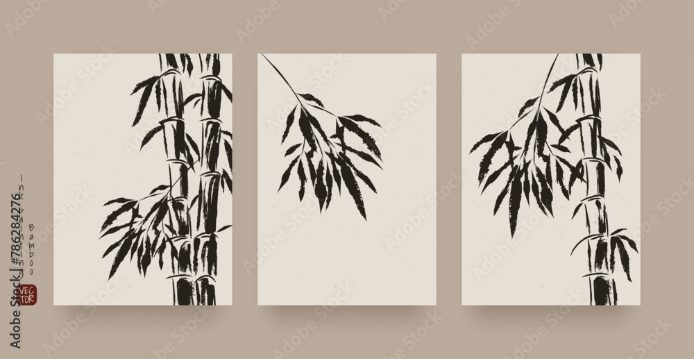 A watercolor vector illustration black bamboo leaves painting, traditional Asian art. Ideal for banners, cards, and decorations, capturing the elegance of Chinese and Japanese culture. Not AI.