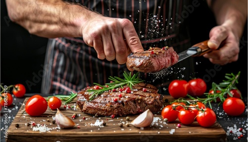 Gourmet chef cooking grilled steak in rich butter lemon or spicy cajun sauce with fresh herbs