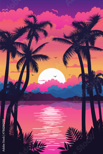 An electrifying pink neon summer landscape with a vibrant sunset over a tropical island. Nature with palm trees, beaches, and a colorful sky. For party poster or banner. Not AI.
