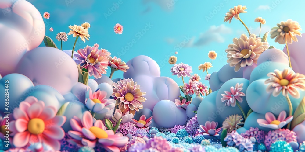 3D render, illustration 16K cute landscape, 3d flowers, earth day, neon color, 3d cute clouds, CAD, gradient blue background 3D render, illustration 16K cute landscape, 3d flowers, earth day, neon color, 3d cute clouds, CAD, gradient blue background