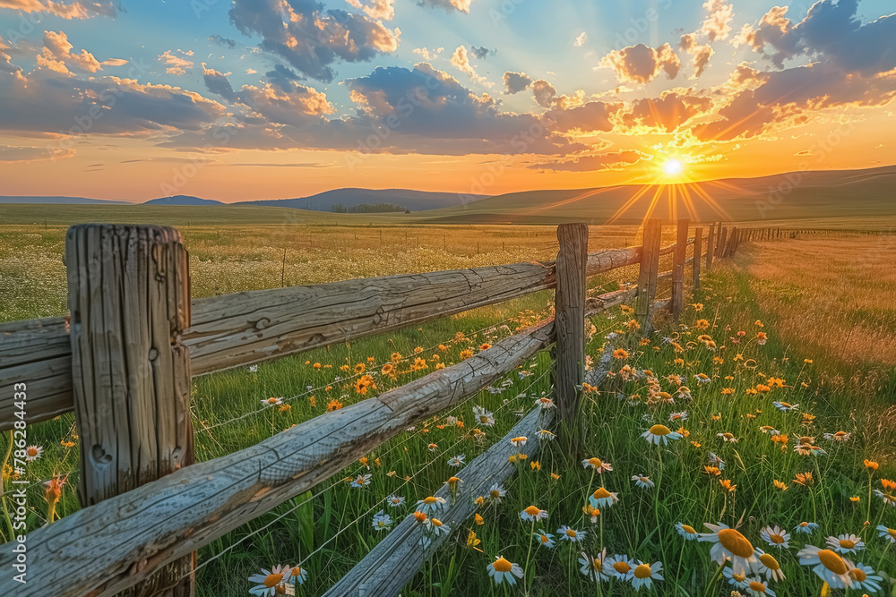 Fototapeta premium sunset over a serene meadow with wildflowers and rustic wooden fence, peaceful countryside landscape