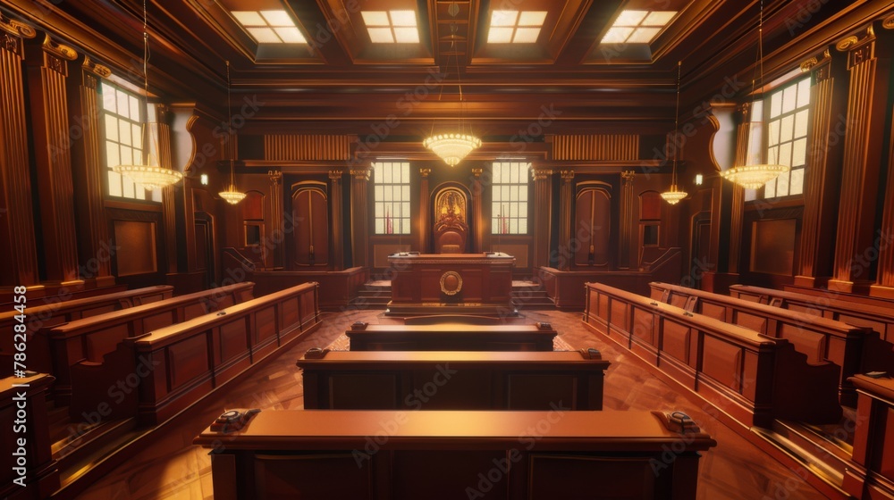 Majestic Courtroom Interior With Judges Bench and Seating
