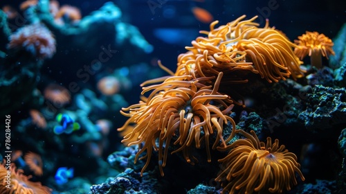 Graceful sea anemone with vibrant colors swaying in a stunning coral reef ecosystem