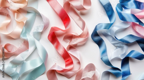 Assortment of different ribbons on a clean white backdrop each ribbon individually photographed photo