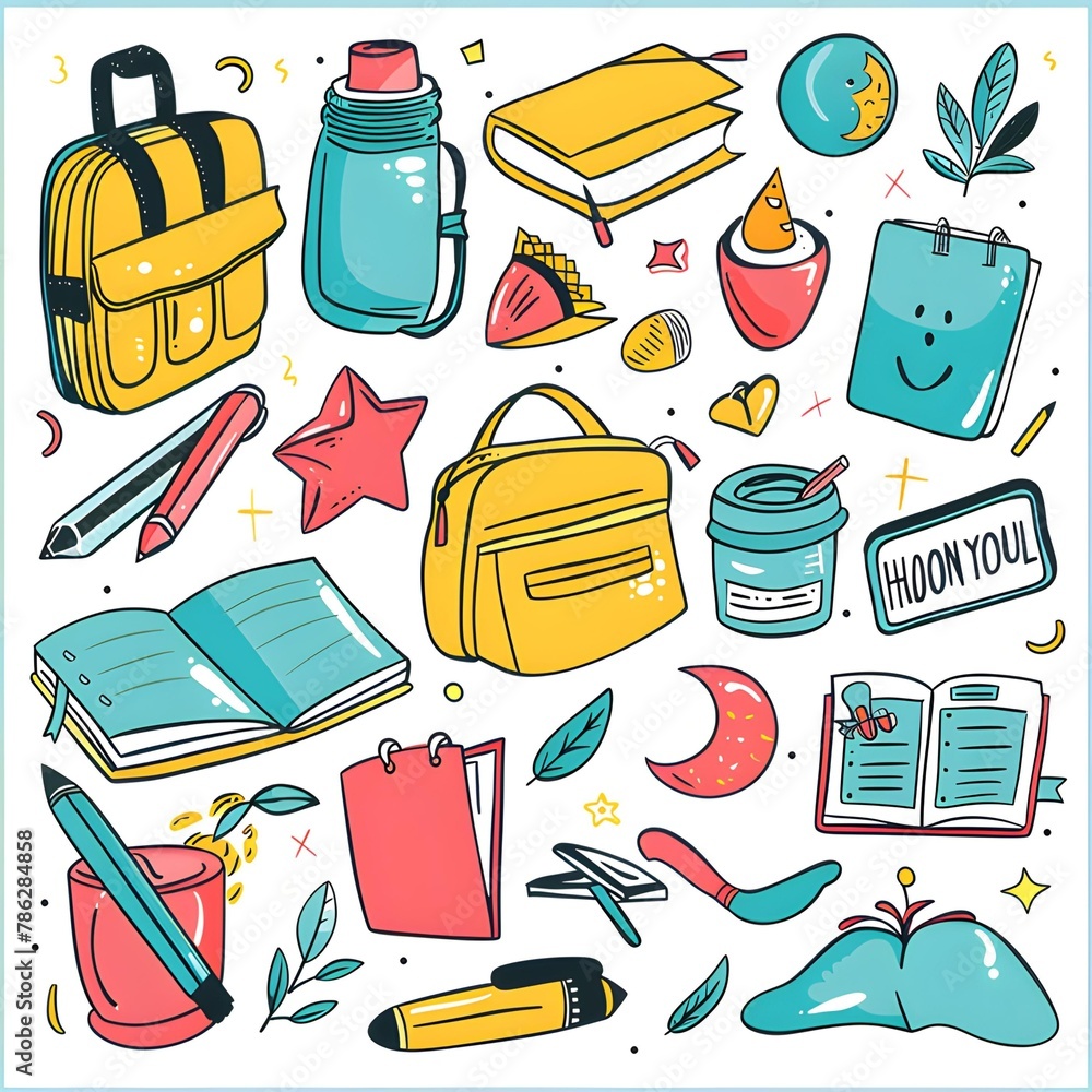 Set of minimalist 'Back to School' doodle clip art, featuring vibrant, colorful illustrations, each isolated on a white background.