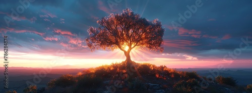 Lone tree atop a hill, radiating light, symbol of enlightenment, dusk sky, wide angle, ethereal glow, tranquil scene