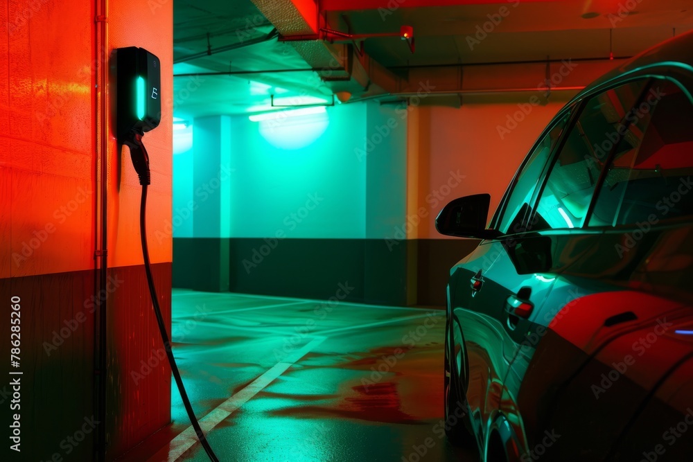 Modern electric vehicle plugged into a charging station in a vibrant red and green illuminated garage.