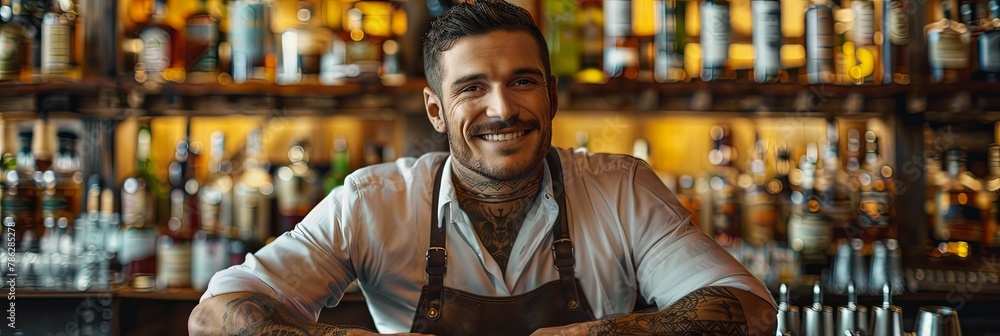 Confident Bartender With Charismatic Smile Behind Modern Bar Confident Bartender With Charismatic Smile Behind Modern Bar
