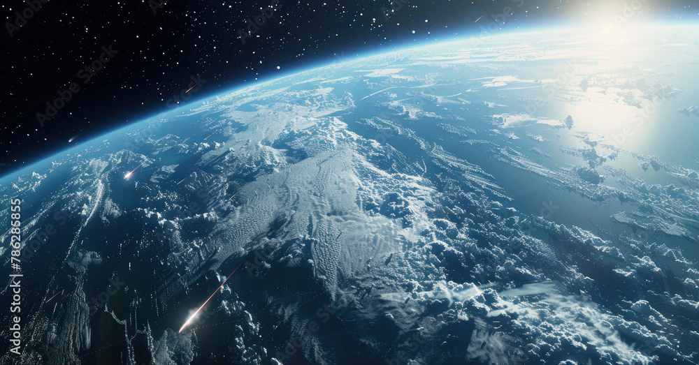 Obraz premium Meteorite entering the atmosphere of planet Earth, view from space, realistic graphics