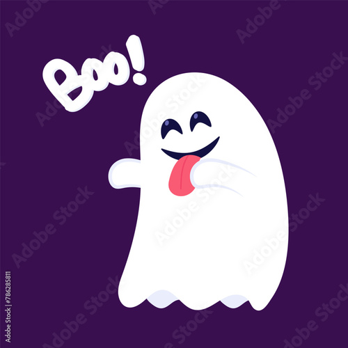 Cute ghost floating with Halloween pumpkin basket for Trick or Treat. Funny spooky boo character. Spook phantom with happy smiling face expression. Isolated kids flat vector illustration.