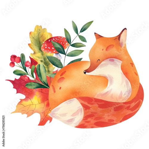 A fox with autumn leaves of maple, aspen, oak and cranberry and viburnum berries. Watercolor illustration on a white background. A small, cute fox painted by hand. A child's picture.