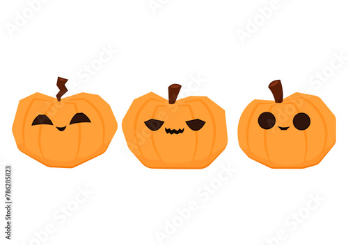 Pumpkin head set. Cute and scary Halloween pumpkin monster set. Holidays cartoon character in flat style collection.