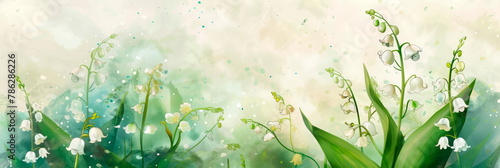 Enchanting watercolor backdrop adorned with delicate lily-of-the-valley flowers, perfect for celebrating the beauty of nature. Generative AI photo