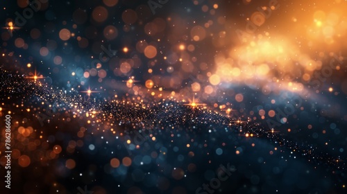 Abstract dark background with blurring gold dots. Magic Christmas background