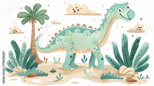 Cute colored dinosaur doodle. Vector illustration in c