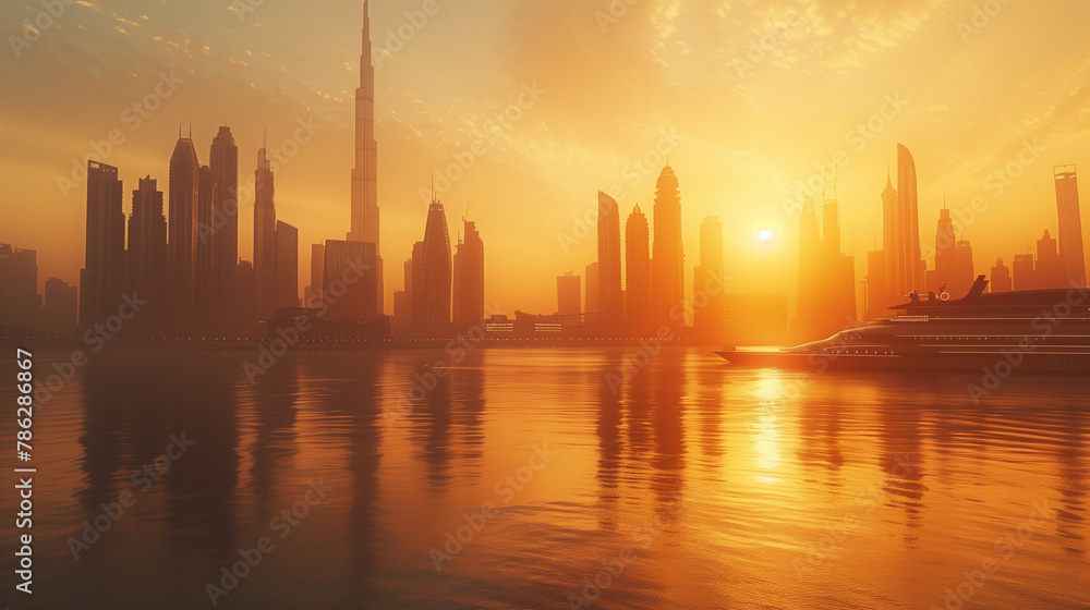 Warm sunset over a tranquil city skyline with water reflections, ideal for travel or urban themes.