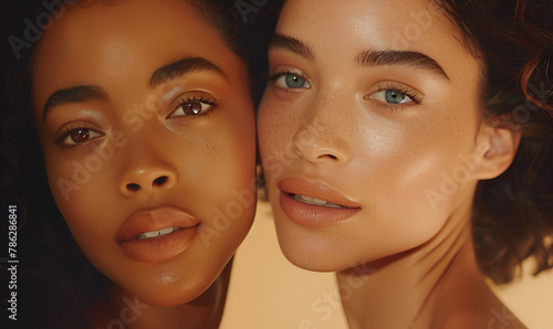 Two beautiful diverse multiethnic women with natural beauty and glowing smooth skin. Portrait of attractive female fashion models, Generative AI