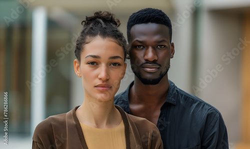 Young diverse multiethnic couple standing together outside, Generative AI