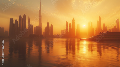 Warm sunset over a tranquil city skyline with water reflections  ideal for travel or urban themes.