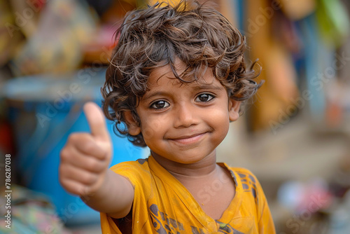 A happy ethnic child with a grubby face giving a cheerful thumbs up sign. photo