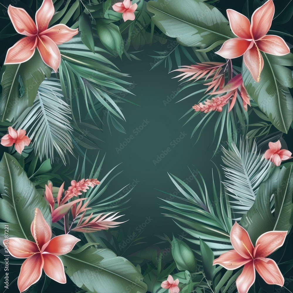 A tropical Boho frame with palm leaves and exotic flowers on a transparent backdrop. A tropical Boho frame with palm leaves and exotic flowers on a transparent backdrop.