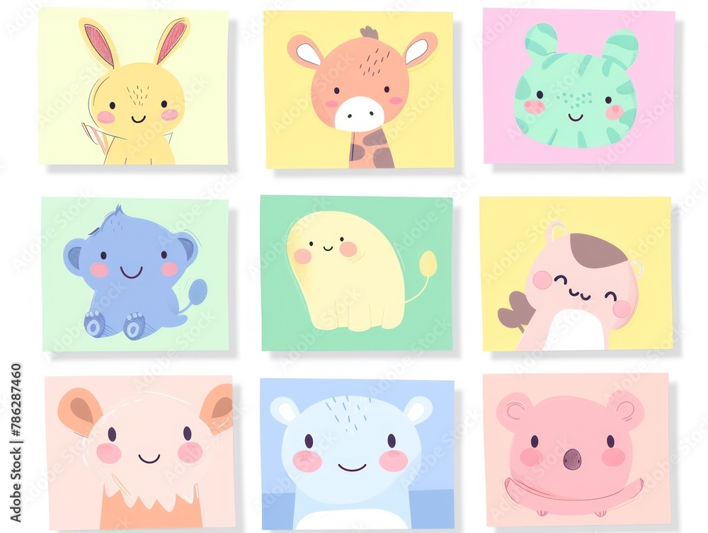 A set of pastel-colored digital sticky notes each with a cute animal doodle