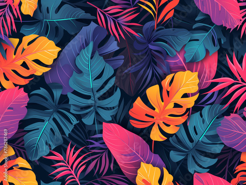 A vibrant pattern of tropical leaves in hues of blue  pink  and orange on a dark background.