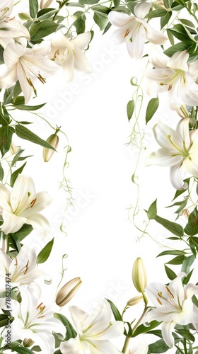 A sophisticated boho frame of white lilies and trailing vines enhancing an elegant wine tasting event card