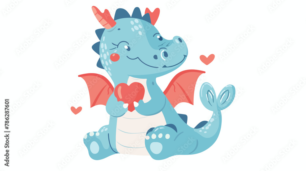 Cute dragon-lover holds a heart. Isolated on a white backgroud