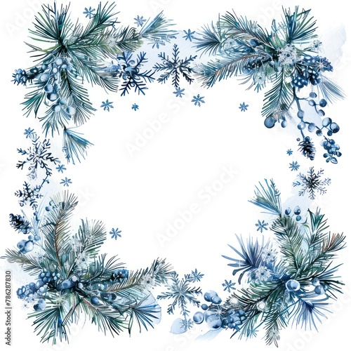 A seasonal winter frame of pine branches and snowflakes in a Boho style.