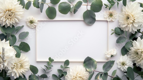 A rectangular frame decorated with eucalyptus leaves and white dahlias embodying a minimalist Boho chic style photo