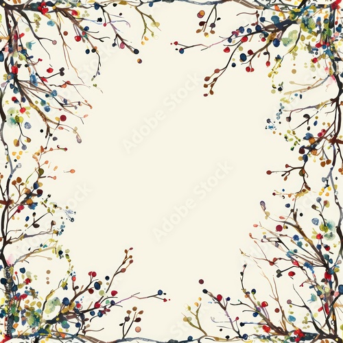 A free-form Boho frame of intertwining branches and small colorful buds