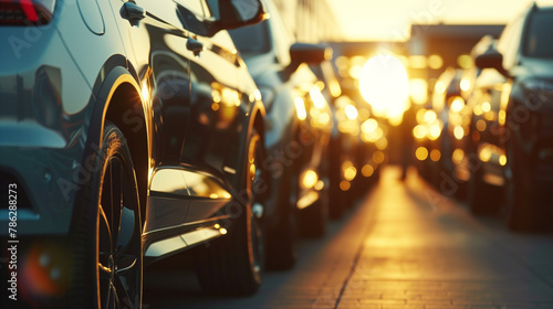 Side View Sunset Glow on Urban Street. Parked cars lining busy street in warm sunset light, suitable for urban lifestyle themes. photo