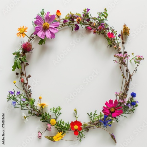 A circular frame made of wildflowers and small branches featuring vibrant colors and bohemian flair