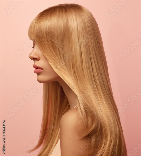 A model with blonde styled hair on a pink background, side profile