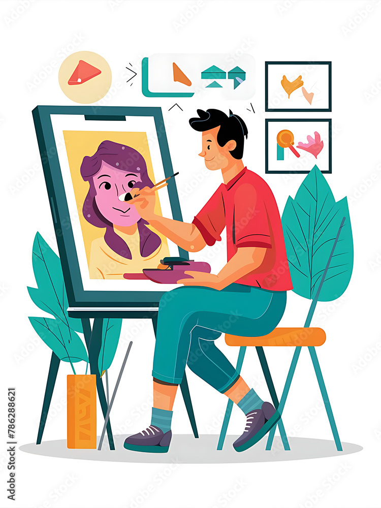 a flat vector illustration depicting a digital artist using a mobile phone app to draw, while attending an online art course a flat vector illustration depicting a digital artist using a mobile phone app to draw, while attending an online art course