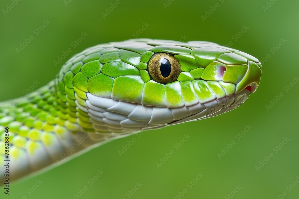 Close up of a vibrant emerald green serpent in the rich tropical rainforest environment Close up of a vibrant emerald green serpent in the rich tropical rainforest environment