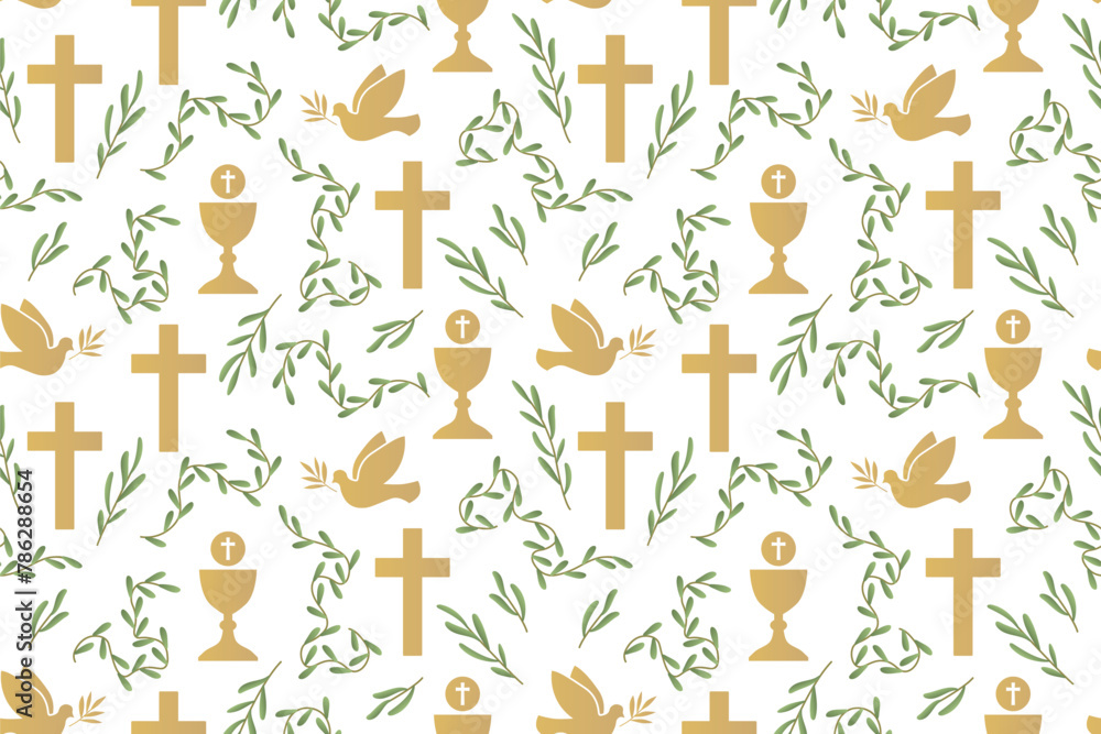 Naklejka premium seamless pattern with christian religion icons: dove, chalice and cross; great for wrapping, greeting cards, invitations- vector illustration