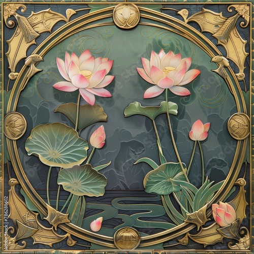 Art deco-inspired frame with stylized lotus and lily motifs. photo