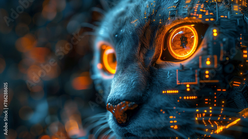 Close-Up of Melting Golden Cat Robot with Bitcoin-Shaped Red Eyes