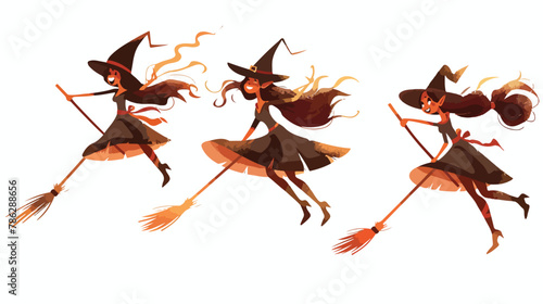 Cute Halloween witches flying on broomsticks clipart vector photo
