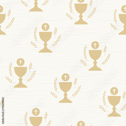seamless paper texture with holy communion symbol, chalice with waffer and wheat ears; great for holy communion, baptism invitations and greeting cards- vector illustration