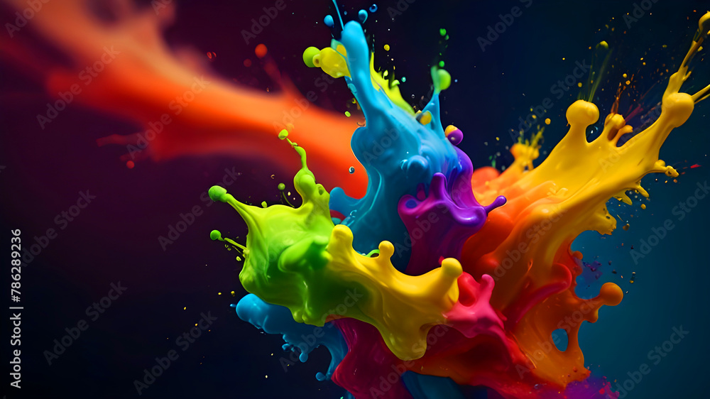 Liquid color paint splash like water. A vivid paint splash swirling, mix of colors as two chemicals reaction .Multicolor splashes . Abstract color background. Colorful paint.a group of colorful flower