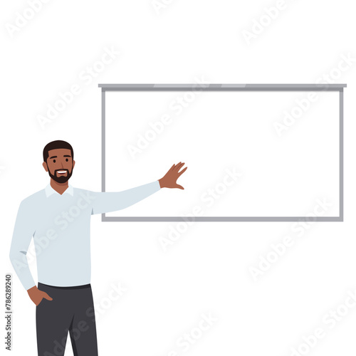 Young man explaining material on school lesson whiteboard. Educational process at university. Flat vector illustration isolated on white background