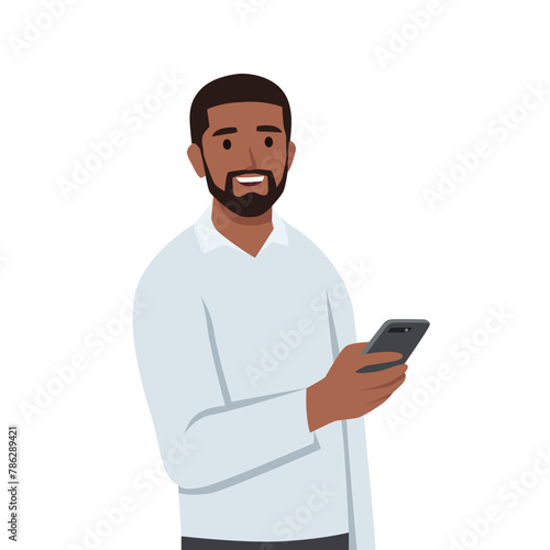 Young man holding a smartphone. Person and gadget. Flat vector illustration isolated on white background
