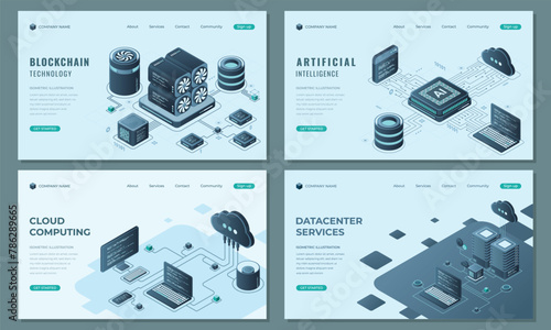 Set of isometric landing page template. Modern technology concept for datacenter with server, artificial intelligence, and blockchain technology